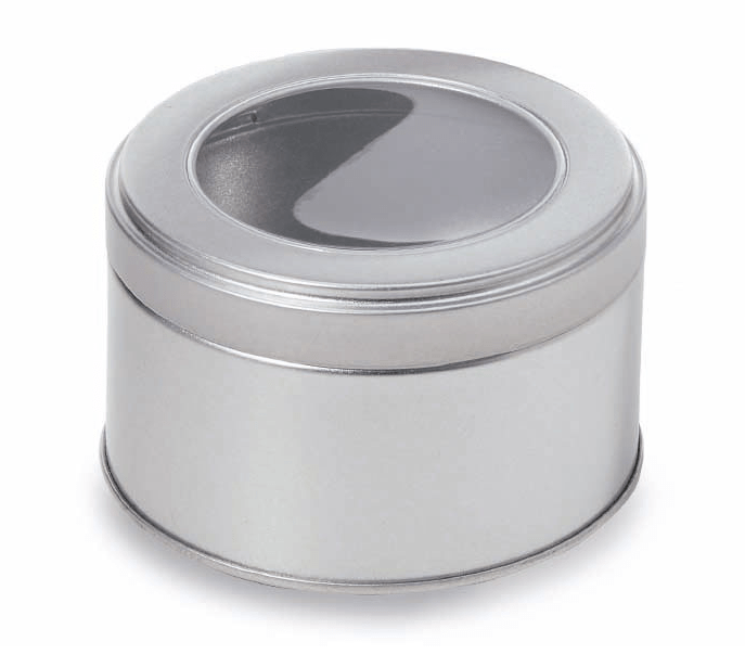 Thee blik rond met venster en schroefdeksel